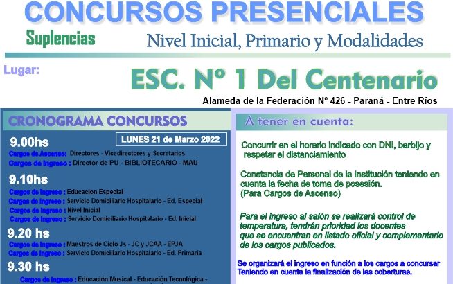 Dptal Paraná – Convocatoria Concurso Cargos de Mayor Jerarquía e Ingreso – 21 de Marzo 2022 – Nivel Inicial – Nivel Primario y Modalidades