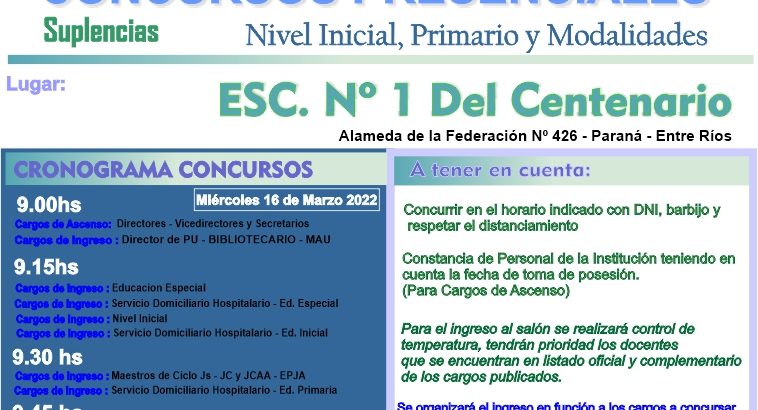 Dptal Paraná – Convocatoria Concurso Cargos de Mayor Jerarquía e Ingreso – 16 de Marzo 2022 – Nivel Inicial – Nivel Primario y Modalidades