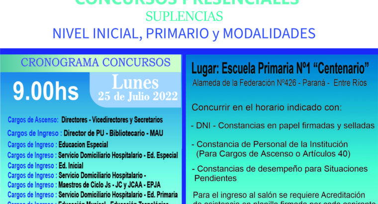 Dptal Paraná – Convocatoria Concurso Cargos de Mayor Jerarquía e Ingreso – 25 de Julio 2022 – Nivel Inicial – Nivel Primario y Modalidades