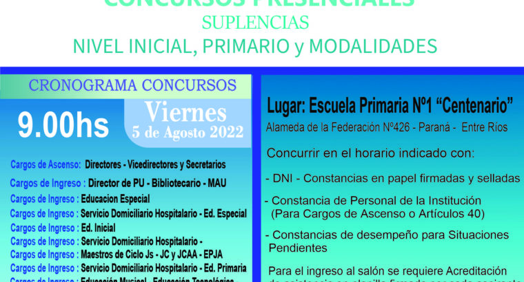 Dptal Paraná – Convocatoria Concurso Cargos de Mayor Jerarquía e Ingreso – 5 de Agosto 2022 – Nivel Inicial – Nivel Primario y Modalidades